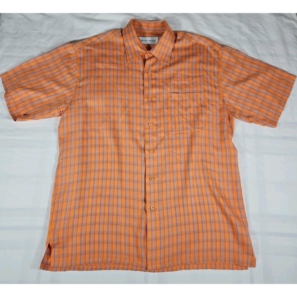 Michael Brandon Short Sleeve Button Up Mens Shirt Large Rayon/Polyester Orange